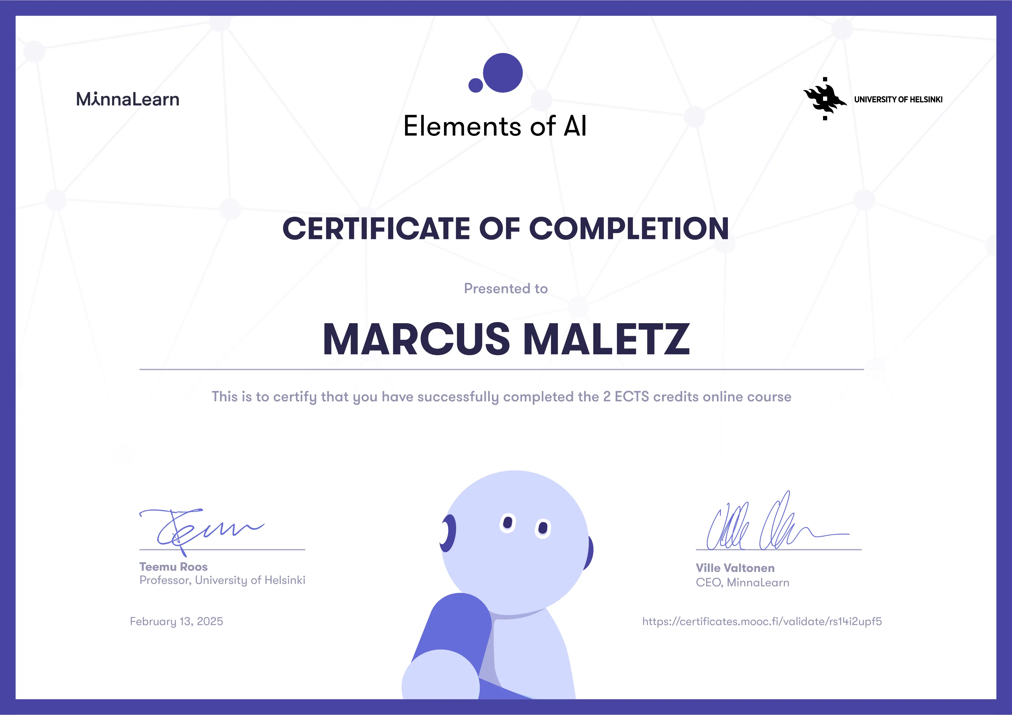 Zertifikat Elements of AI - University of Helsinki